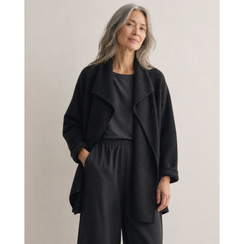 Eileen Fisher Black Wool Open Pullover Duster Cardigan Sweater  Women's Size PM